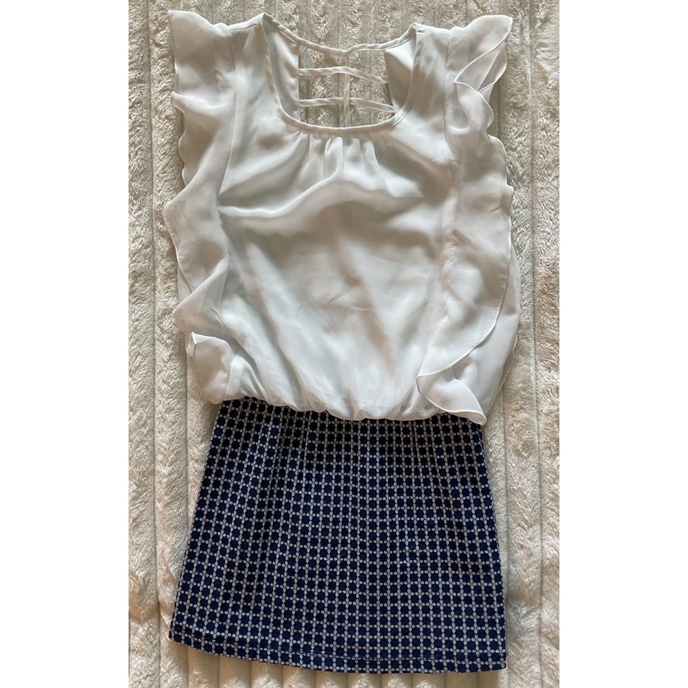 Xtraordinary Girls White Navy Blue Ruffle Sleeve Strappy Back Dress Size‎ 10